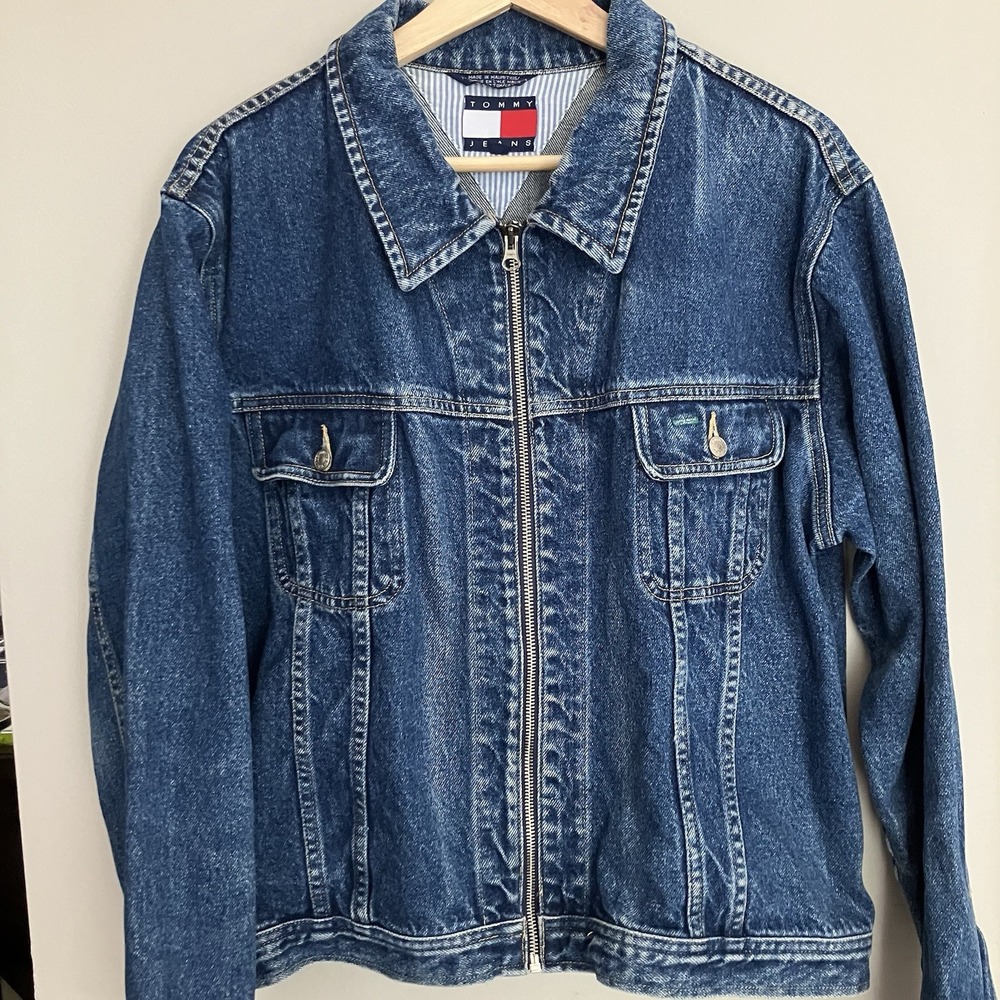 Vintage Tommy Jeans Denim Jacket XL Full Zip Trucker Mauritius Hickory Stripe